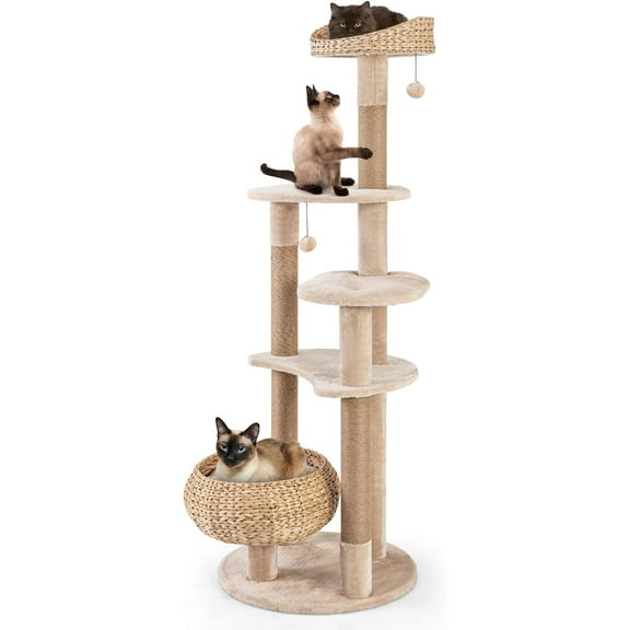 65 Inch Tall Cat Tree Tower for Indoor Cats with 6 Levels, Natural Jute Scratching Posts, Plush Cat Bed, Top Perch, Dangling Toys, Jumping Platforms, Modern Design, Beige