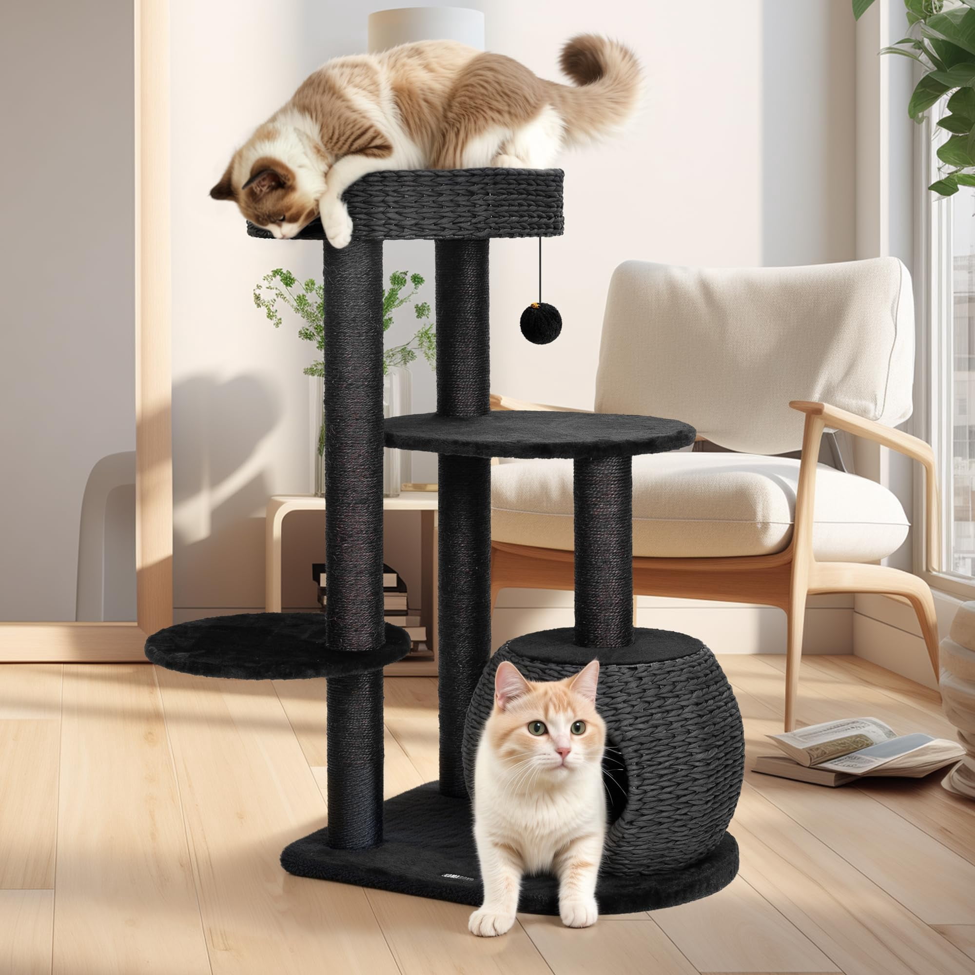 Modern Cat Tree for Indoor Cats, 39 Inch Tall Cat Tower with Scratching Posts, Hand-Woven Condo, Soft Perch & Plush Platforms, Natural Sisal Climbing Structure for Kittens to Play Rest Black