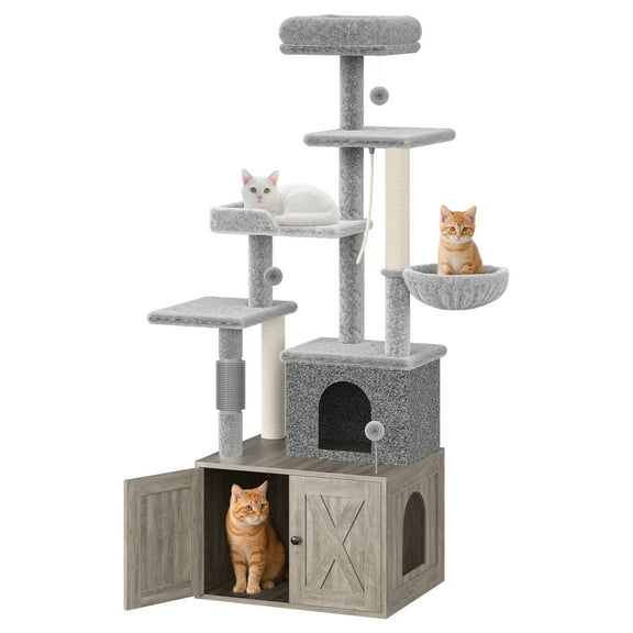 Modern Cat Tree Tower with Hidden Litter Box Enclosure – Multi-Level Condo & Washroom – Large Platforms – Sisal Scratching Posts – Hammock – Perch – Enclosed Cat Litter Cabinet – Indoor Cat Furniture