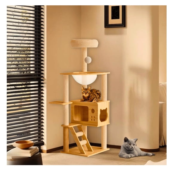 Modern Cat Tree Tower for Indoor Cats,48.8 Inch Tall Wood Cat Condo with Sisal Scching Posts,Perch,Acrylic Bubble Hammock Suitable for Large and Small Cats in Apartments,Lofts and Stylish Homes,Brown