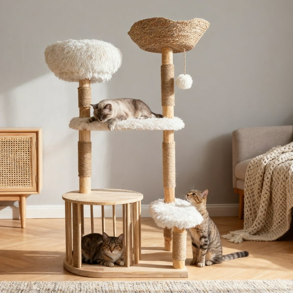 Modern Cat Tree Tower for Indoor Cats, 51" Tall Natural Solid Wooden Cat Tower with Sisal Scratching Post, Luxury Cat Furniture with Hand-Woven Natural Rattan Nest for Multi-Cat Households