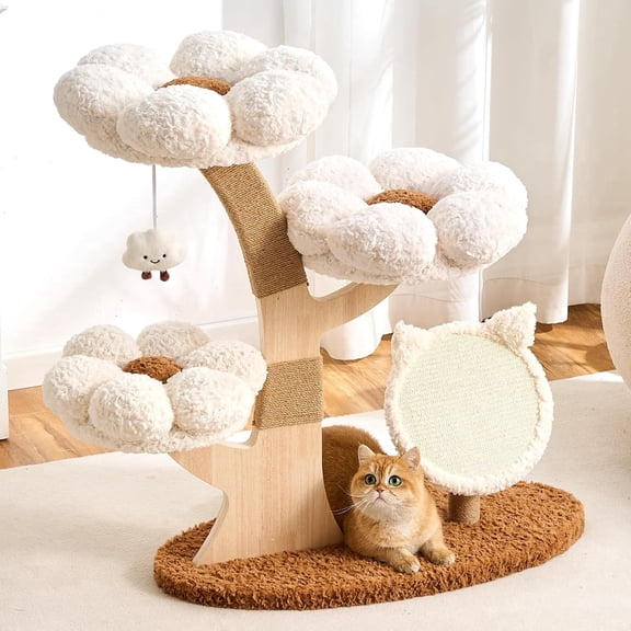 Modern Cat Tree Tower for Indoor Cats Large Adult, 37 inch Flower Cat Tree with Scratching Post, Luxury Aesthetic Cat Tree with Cloud-Soft Flower Perches and Physical Mouse-Sound Hanging Toy