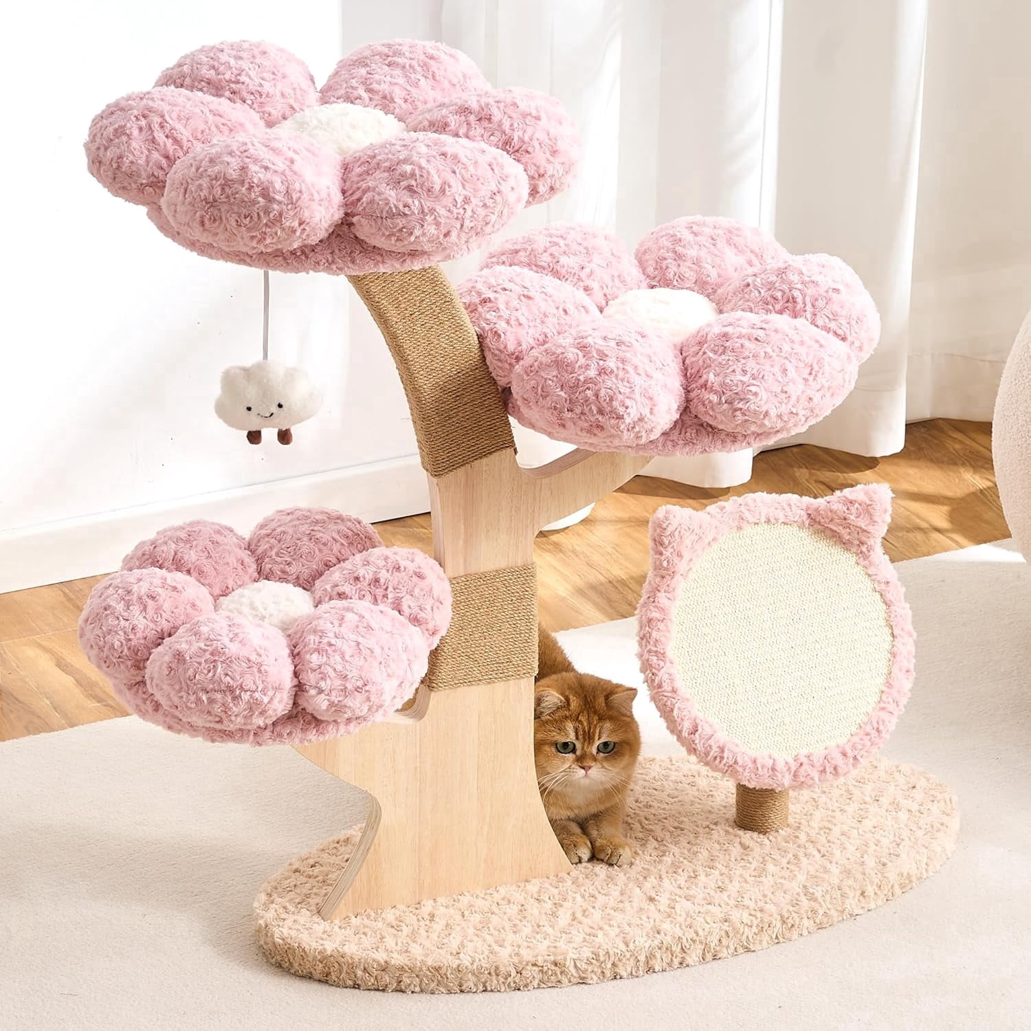 Modern Cat Tree Tower for Indoor Cats Large Adult, 37 inch Flower Cat Tree with Scratching Post, Luxury Aesthetic Cat Tree with Cloud-Soft Flower Perches and Physical Mouse-Sound Hanging Toy