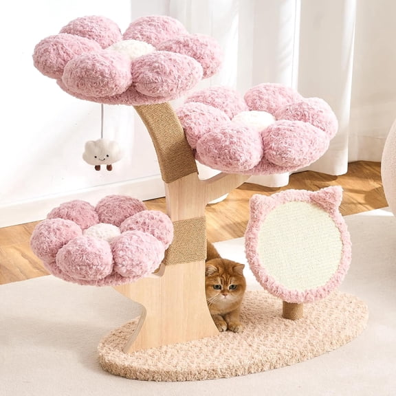 Modern Cat Tree Tower for Indoor Cats Large Adult, 37 inch Flower Cat Tree with Scratching Post, Luxury Aesthetic Cat Tree with Cloud-Soft Flower Perches and Physical Mouse-Sound Hanging Toy