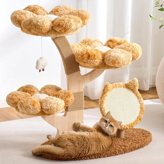 Modern Cat Tree Tower for Indoor Cats Large Adult, 37 inch Flower Cat Tree with Scratching Post, Luxury Aesthetic Cat Tree with Cloud-Soft Flower Perches and Physical Mouse-Sound Hanging Toy