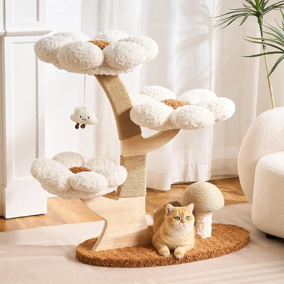 Modern Cat Tree Tower for Indoor Cats Large Adult, 37 inch Flower Cat Tree with Scratching Post, Luxury Aesthetic Cat Tree with Cloud-Soft Flower Perches and Physical Mouse-Sound Hanging Toy