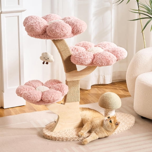 Modern Cat Tree Tower for Indoor Cats Large Adult, 37 inch Flower Cat Tree with Scratching Post, Luxury Aesthetic Cat Tree with Cloud-Soft Flower Perches and Physical Mouse-Sound Hanging Toy