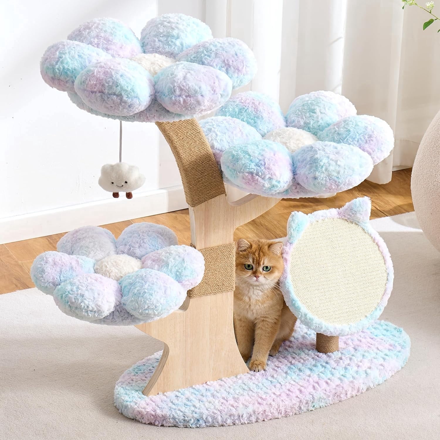 Modern Cat Tree Tower for Indoor Cats Large Adult, 37 inch Flower Cat Tree with Scratching Post, Luxury Aesthetic Cat Tree with Cloud-Soft Flower Perches and Physical Mouse-Sound Hanging Toy