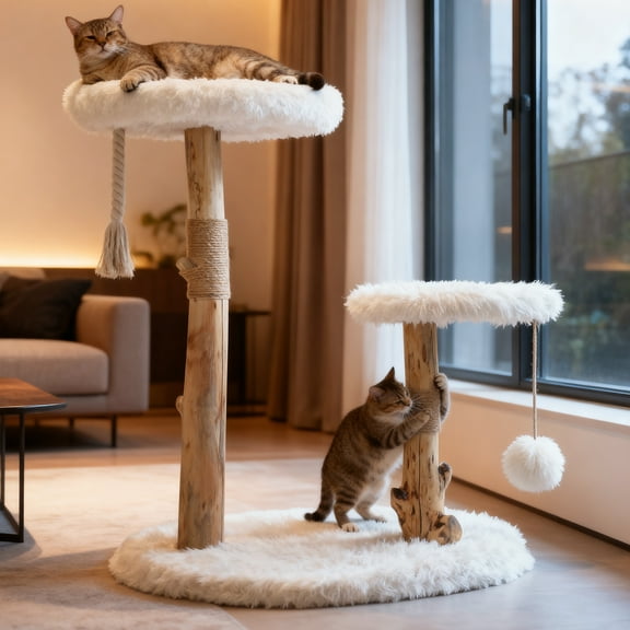 Modern Cat Tree Tower for Indoor Cats, Natural Solid Wooden Branch with Sisal Scratching Post, Log Style Cat Furniture with Perches Platform & Toy Ball