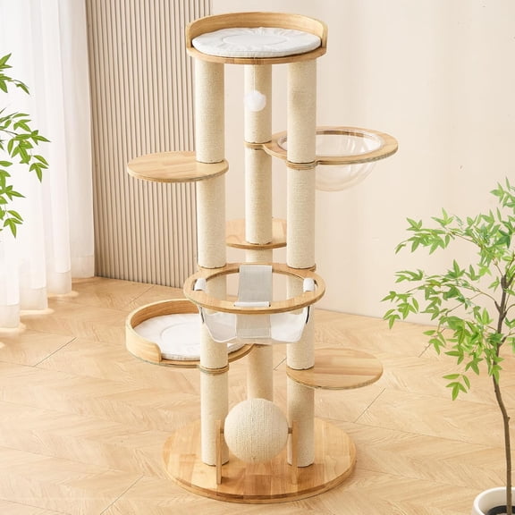 Modern Cat Tree Tower with Scratching Post for Indoor Cats Large Adult, 54 inch Tall Solid Wood Multifunctional Cat Tree Tower with Bed, Dangling Ball,Space Capsule, Scratcher Ball, Multiple Cats Use