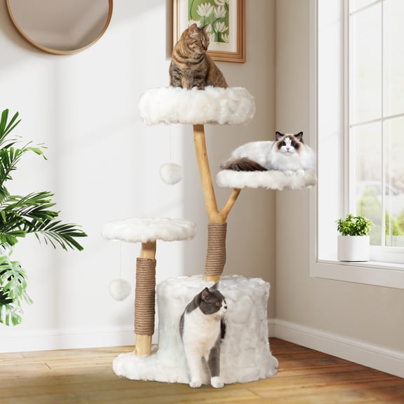 Modern Tree Tower, Solid Wood Aesthetic Tree for Indoor Cats with Top Bed, Side Perch, Condo, Scratching Posts, Cute Cloud Tree for Large Cats, White
