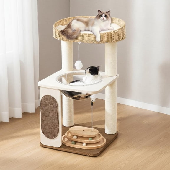 Modern Cat Tree for Indoor Cats with Sisal Rope Scratching Posts, Hand-Woven Cat Condo & Top Perch, Space Capsule Cats Nest, with Interactive Cat Toy