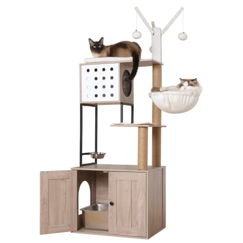 Modern Cat Tree with Litter Box Enclosure & Feeding Station, Cat Condo with Scratching Posts, Removable Pompom Sticks, Gray Furniture for Indoor Cats