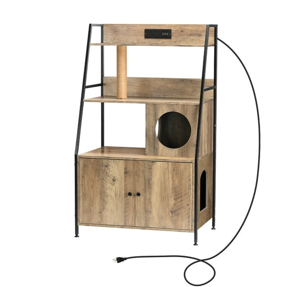 Modern Cat Washroom Unit - Oak-Colored Enclosure Litter Box Cabinet with Scratching Column & Device Charger