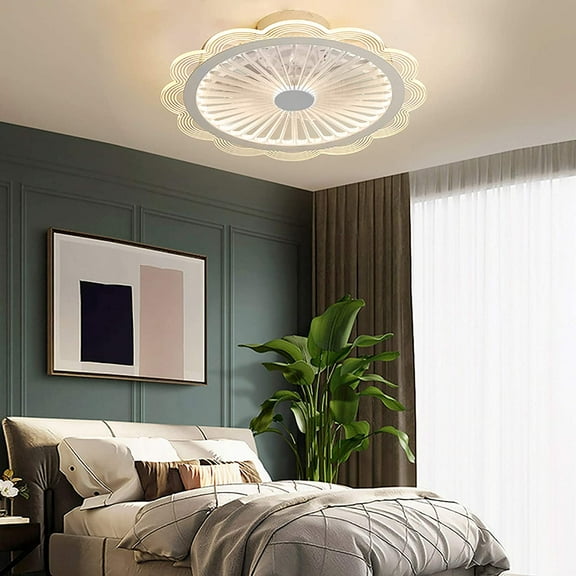 Modern Ceiling Fan with Light, 19.7" Invisible Ultra Thin Chandelier Fan Remote Control Semi Flush Mount Flower Pattern 3 Colors 3 Speed Hidden Blades Low Profile Fan