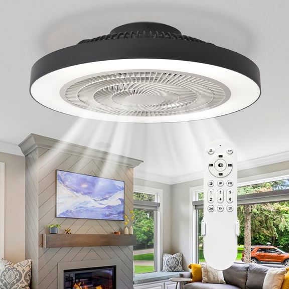 Modern Ceiling Fan with Light, 19" Bladeless Flush Mount Low Profile LED Ceiling Fans with Remote, Enclosed Fandelier Dimmable Quiet DC Motor for Bedroom Kids Room, Black