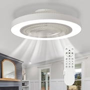Modern Ceiling Fan with Light, 19" Bladeless Flush Mount Low Profile LED Ceiling Fans with Remote, Enclosed Fandelier Dimmable Quiet DC Motor for Bedroom Kids Room, White