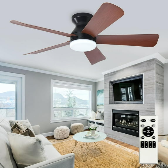 Modern Ceiling Fan with Light: 42-Inch Black Small Fans for Bedroom Indoor Outdoor - Dimmable Low Profile Ceiling Fans with Remote Control Flush Mount 5 Reversible Black Blades 6 Speeds Timer