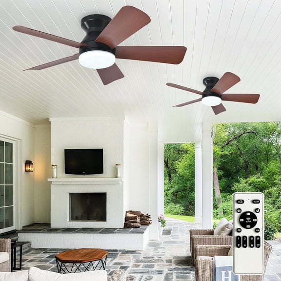 Modern Ceiling Fan with Light: 42-Inch Black Small Fans for Bedroom Indoor Outdoor - Dimmable Low Profile Ceiling Fans with Remote Control Flush Mount 5 Reversible Black Blades 6 Speeds Timer