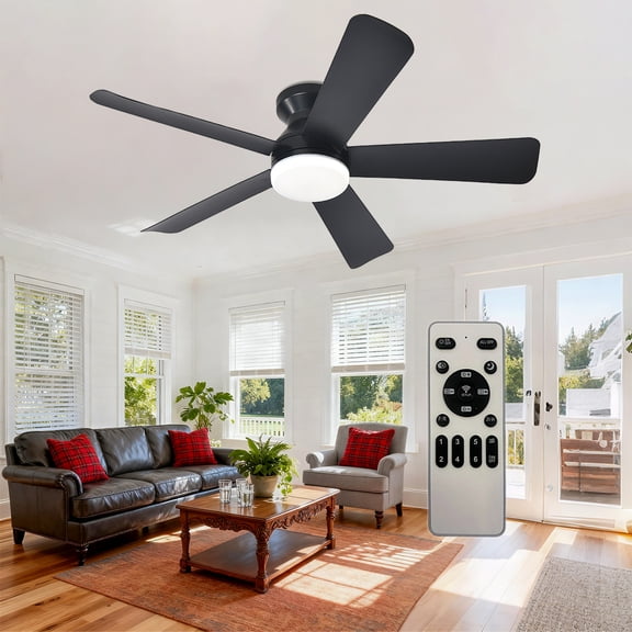 Modern Ceiling Fan with Light, 42 inch Ceiling Fan for Bedroom Indoor Outdoor, Dimmable Low Profile Ceiling Fans with Remote Control Flush Mount 5 Reversible Blades 6 Speeds Timer, Black