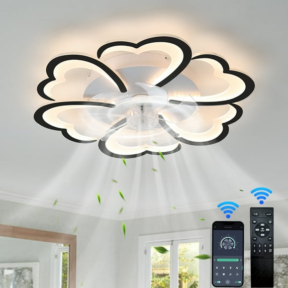 Modern Ceiling Fan with Light and Remote, 26.7inch Low Profile Flush Mount, 6-Speed Reversible Blades, Timer Ceiling Fans Dimmable Light Flower Design for Bedrooms Dining Room (6Flower-Black)