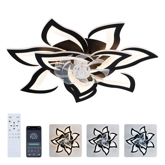 Modern Ceiling Fan with Lights Remote Control, 10 PCS Blades ,32" Black Ceiling Fan with Light, 6 Speeds 3 Light Color Low Profile Flush Mount Ceiling Fan for Kitchen Bedroom