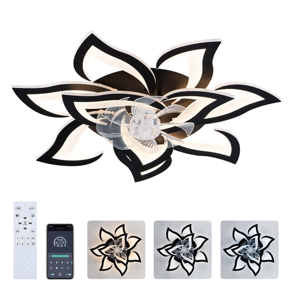 Modern Ceiling Fan with Lights Remote Control, 32" Black Ceiling Fan with Light, 6 Speeds 3 Light Color Low Profile Flush Mount Ceiling Fan for Kitchen Bedroom