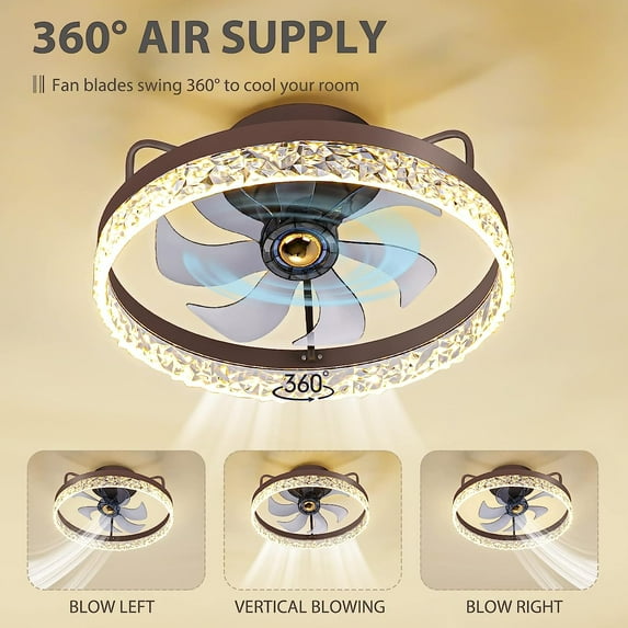 Modern Ceiling Fan with Lights Remote Control, Low Profile Ceiling Fans with Lights, Oscillating Bladeless Dimmable LED Flush Mount Ceiling Fan Light for Bedroom,Kitchen,Living Room,Brown