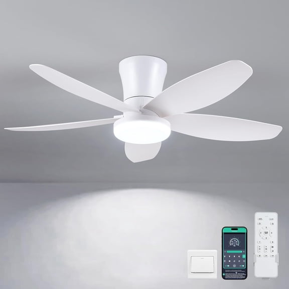 Modern Ceiling Fans with Lights, 36 Inch Low Profile Ceiling Fan with Light and Remote Control, LED Dimmable 6 Speeds Noiseless Reversible Flush Mount Ceiling Fans for Bedroom, Indoor, White
