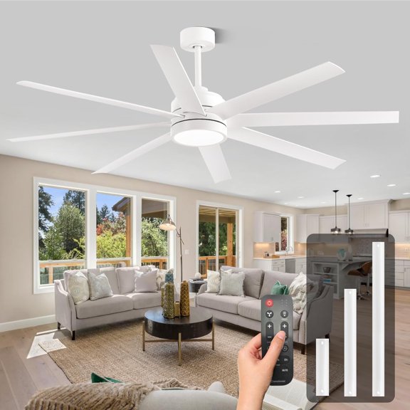 Modern Ceiling Fans with Lights, 65 Inch Ceiling Fan with Light and Remote for Bedroom Living Room Kitchen Office, Indoor/Outdoor Use, 3CCT Dimmable, 8 Blades 6 Speed Reversible Quiet DC Motor, White