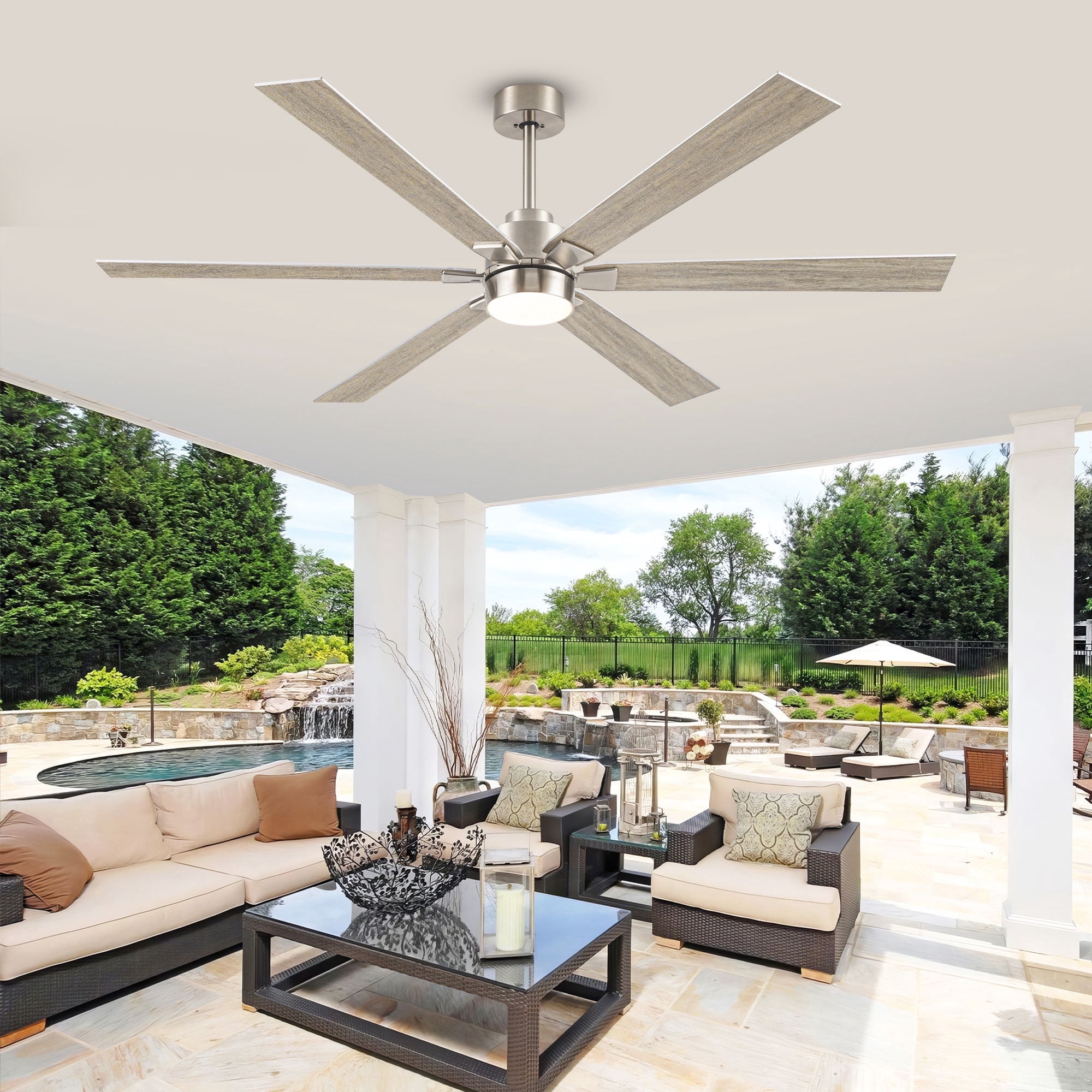 Modern Ceiling Fans with Lights, 66 inch Indoor Outdoor Ceiling Fan for Living Room Kitchen Office, 22W 3CCT, 6 Speed Reversible Quiet DC Motor, 6 Plywood Blades Silver&Oak Color