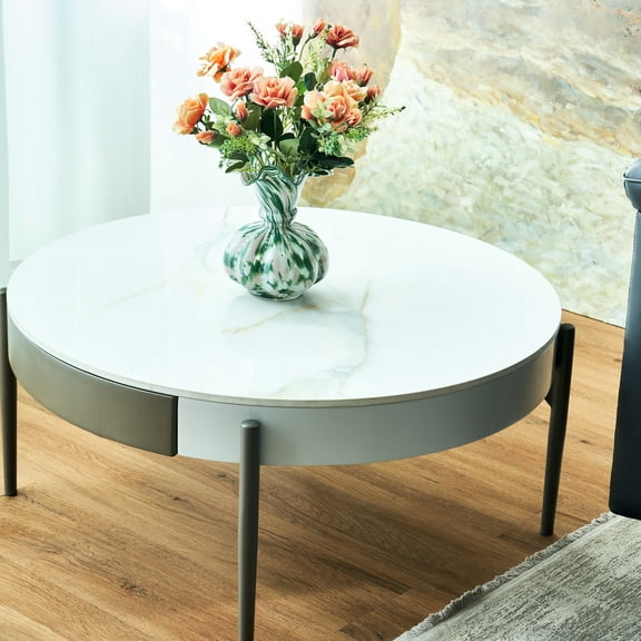 Modern Center Table With Grey Legs And Ceramic Pattern - Living Room Elegant Dining Coffee Tile Drawers White