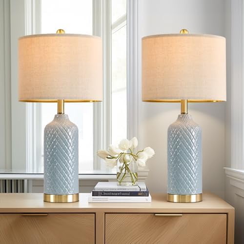 Modern Ceramic Blue Table Lamps Set of 2 for Living Room, Farmhouse, Bedside, Coastal Bedroom, Side & End Tables