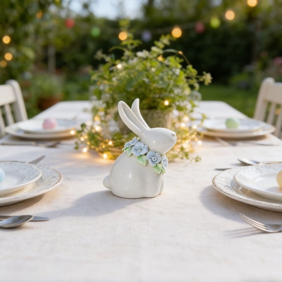 Modern Ceramic Bunny Figurine with Floral Accent, White Porcelain Easter Rabbit Decor for Home Table Shelf Display, Spring Bunny Decoration, 1 Pc