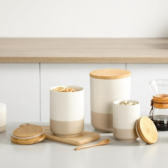 Modern Ceramic Canister Set with Airtight Wood Lids - 3-Piece Storage for Flour, Sugar, Coffee & Tea