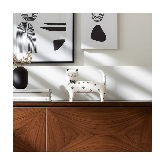 Modern Ceramic Cat Figurine with Bowtie - Handcrafted Minimalist Home Decor for Living Room, Bedroom & Office - Decorative Accent - 8" White