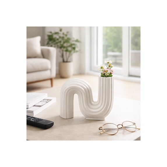 Loopy U-Shaped Vase for Modern Living Room Decor - Ceramic Flower Vase for Home, Bedroom, and Office Table Accents - Accent Display for House Dining Room Centerpiece and Mantel - 6", White