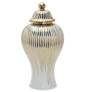Modern Ceramic Ginger Jar With Lid For Home Decor, Simple Temple Jar Vase Display Table Centerpiece Ornament, Elegant Storage Jar -white gold-20*42cm