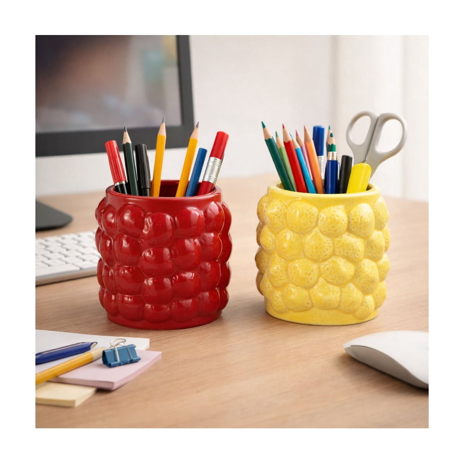 Modern Ceramic Pencil Cup for Desk and Desktop Organization - Small Ceramic Desk Storage Organizer for Office Workspace - Decorative Accessory for Home Decor Display - Set of 2, 4", Red & Yellow