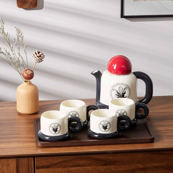 Modern Ceramic Teapot Set with 4 Matching Cups  800ml Teapot + 220ml Cups  Unique Black & White Design with Gift Box  1.6Ib Total Weight