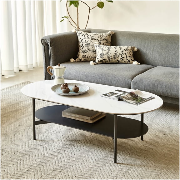 Modern Ceramic Top Coffee Table with MDF Base, Double Layer Storage Console Table for Living Room, White and Coffee Brown Finish