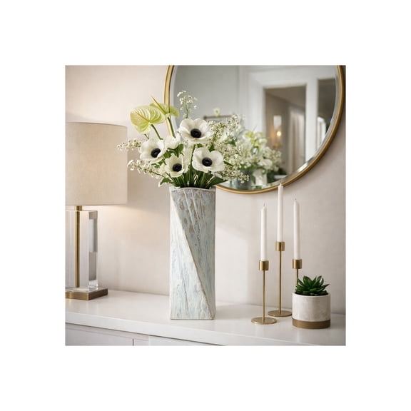 Modern Ceramic Vase for Living Room Decor - Sculptural Home Accents with Twisted Form Detail - Decorative Glaze Flower Vase for Room, Bedroom, House, Office, and Table Placement - 14", Brown & Blue