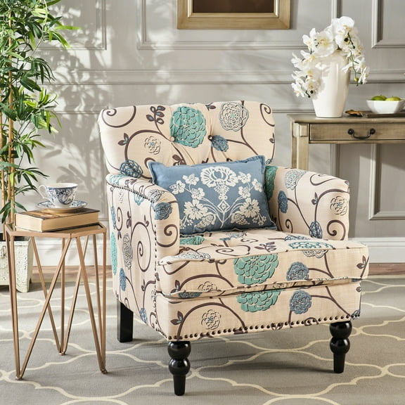 Modern Chair, Blue And White Textile, Nailhead Accents, Birch Wood Base, 35.98"h X 28.79"w 31.7"d Button Club Chair In Blue, Legs, 35.98"h, Diamond Stitch, Accents