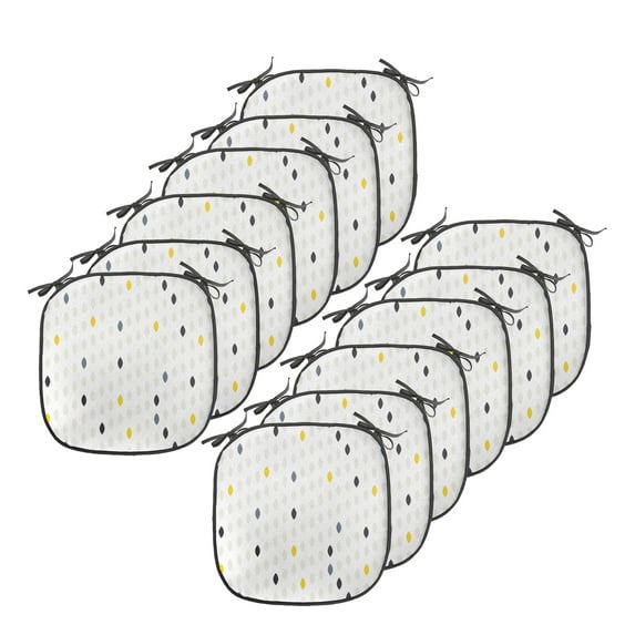 Modern Chair Seating Cushion Set of 12, Modern Geometric Shapes Polka Dot Tear Drop Forms Pattern Graphic Art Print, Seat Pads with Anti-slip Backing, 16"x16", Yellow White Grey, by Ambesonne