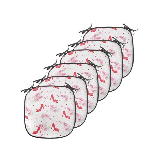 Modern Chair Seating Cushion Set of 6, Shoes Heels Pattern with Orchid Flowers Petals and Hearts Design Image, Seat Pads for Office with Anti-slip Backing, 16"x16", Red White, by Ambesonne