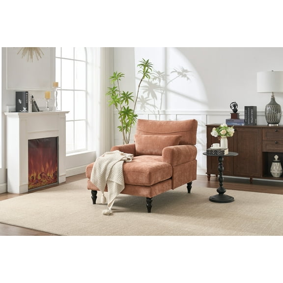 Modern Chaise Lounge Sofa Recliner with Spacious Cushion & Solid Wood Frame, Multi-Purpose for Bedroom, Living Room, Study, Office, ORANGE