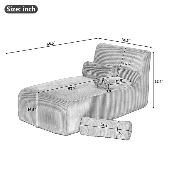 Modern Chaise Sofa, 34.2 Inch Boneless Sofa Couch, Cozy Chaise Lounge, for Living Room, Blue
