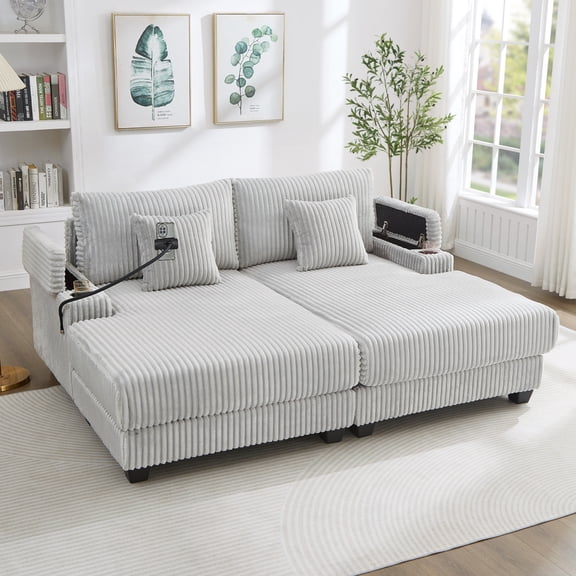 Modern Chaise Sofa, 75.5" Chaise Lounge Sofa with Adjustable Backrest, Upholstered Comfy Sleeper Couch with Cup Holders, Phone Holder and Storage Compartments for Living Room, Light Grey