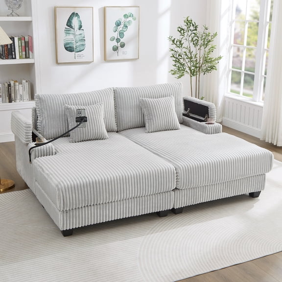 Modern Chaise Sofa 75.5" Chaise Lounge Sofa Loveseat Sofa Sleeper Sofa with Adjustable Backrest, Cup Holders , Phone Holder and Storage Compartments for Living Room, Light Grey