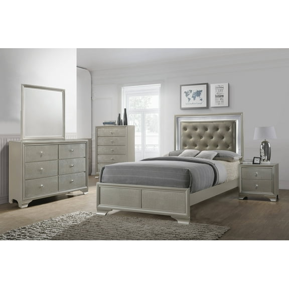 Modern Champagne Faux Finish 5pc Twin Size LED Backlit HB Bed Dresser Mirror Nightstand Wooden Bedroom Storage Furniture Set